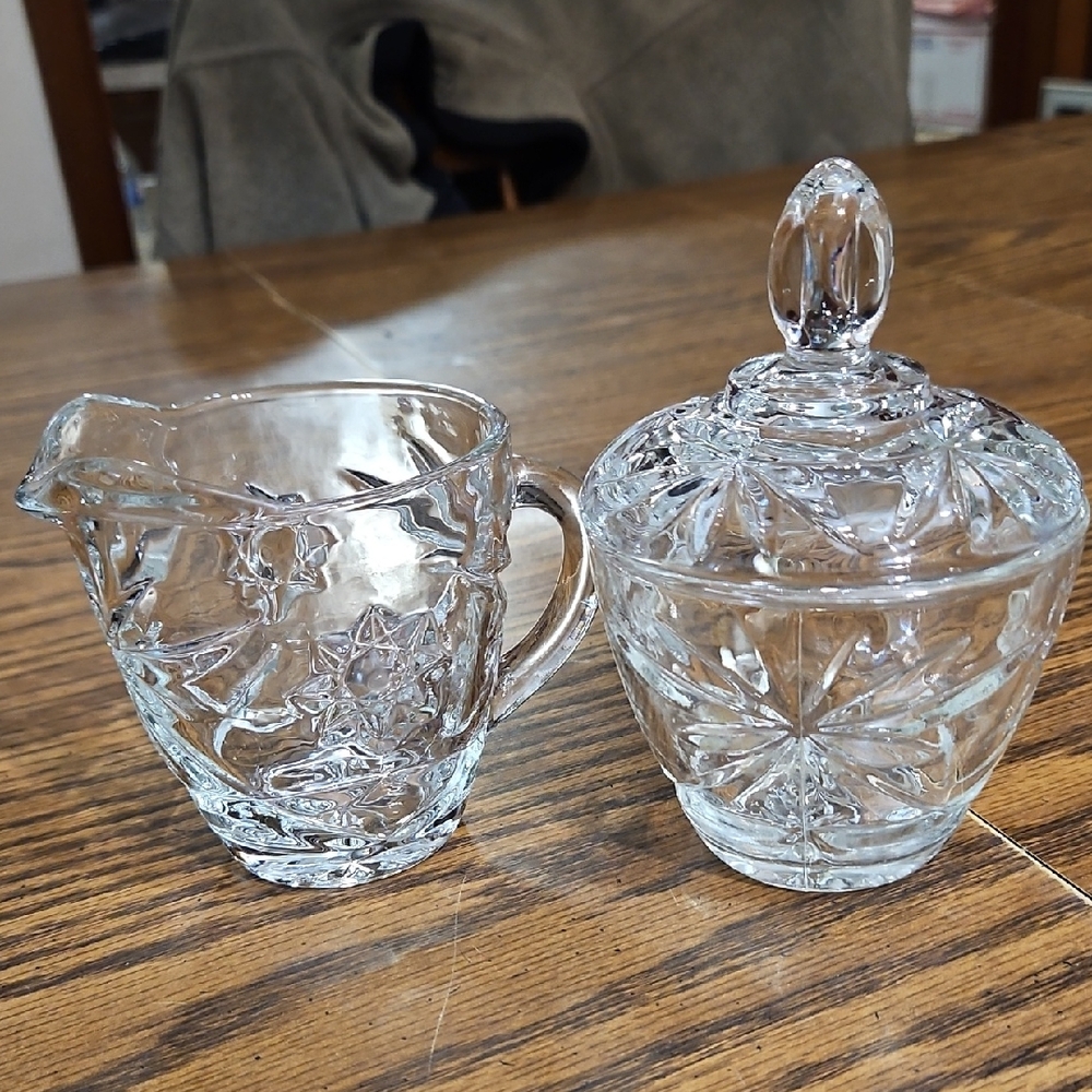 ANCHOR HOCKING Star of David EAPC Clear Glass Sugar w/Lid & Creamer Prescut